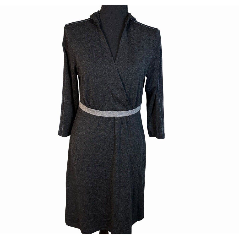 Ibex Gray 100% Merino Wool Dress Hooded V-Neck Long Sleeve Outdoor Large